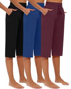 lot 12088 image: Riyiper 3 Pack Women Capri Pants, Causal Drawstring Lounge Yoga Capri Sweatpants Loose Wide Leg Crop Jogger Pant with Pockets(Small,Black, Wine Red, Dark Blue)