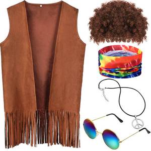 lot 12090 image: Didaey 5 Pcs Halloween Hippie Men Costume Accessories 60 70s Hippie Fringe Vest Wig Tie Dye Headband for Carnival(Small)