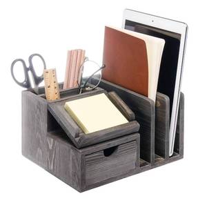 lot 12095 image: Liry Products Gray Rustic Wood Desk Organizer Storage Cabinet Mail File Paper Sticky Note Memo Pad Folder Office Supplies Caddy Tabletop Holder Accessory Sorter Multiple Compartments with Drawer Home