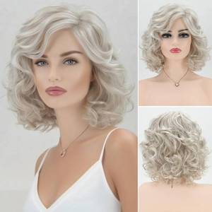 lot 12096 image: RENERSHOW Short Sliver Gray Curly Wigs for White Women Grey Mix Little Light Brown Wavy Bob Wig with Curtain Bangs Heat Synthetic Daily to Party Womens Wig