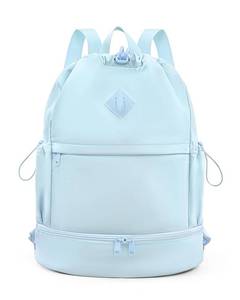 lot 12099 image: RHDZO Drawstring Backpack Sports Gym Bag with Shoe Compartment and Wet Pocket String Swim Bag for Women Men Beach Backpack, Blue (Used)