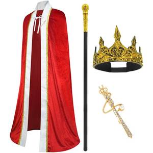 lot 12102 image: 3 Pieces Halloween King Cloak Crown Wand Costume Set For Adult And Children Prince or Queen Robe Red Cloak Cape And Crown Headband For Halloween Cosplay Party (For-Adult)