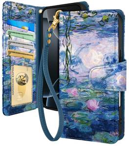 lot 12109 image: Toycamp for iPhone 16 Pro Max Wallet Case with Wrist Strap - Leather Flip Phone Case with RFID Blocking 4 Card Holder for Apple for iPhone 16 Pro Max Funda Cute Aesthetic for Women Ladies, Water Lily