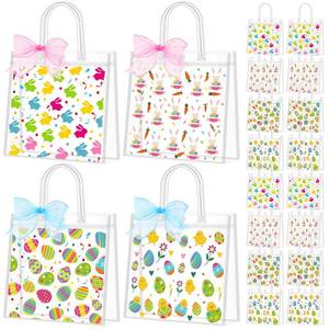 lot 12129 image: Kolldenn 48 Pcs Easter Gift Bags with Handle Ribbon Colorful Bunny Egg Clear PVC Goodies Bags Reusable Rabbits Treats Totes Bulk for Snack Candy Treat Party Favor Supplies, 5.9 x 6.3 x 2.8 Inch