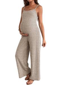 lot 12134 image: BLENCOT Womens Maternity Jumpsuit Casual Loose Ribbed Adjustable Strap Sleeveless Wide Leg Long Pants Apricot Romper X-Large