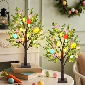 lot 13145 image: DR.DUDU Easter Decor Set of 2 Lighted 24 Inch Artificial Tree with Easter Eggs & Colorful LED Lights, Light Up Tabletop Bonsai Tree for Table Home Holiday Spring Decor