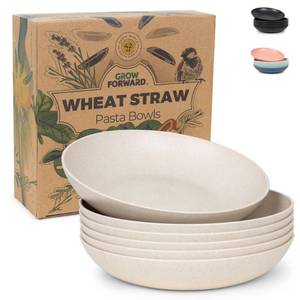 lot 15290 image: Grow Forward Premium Wheat Straw Pasta Bowls - 42oz Unbreakable Wide & Shallow Dinner Plate Bowls Set of 6 - Microwave Safe Reusable Plastic Pasta Bowls for Kids, Adults, Salad, Camping, RV - Sahara