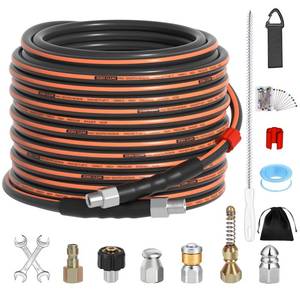 lot 15294 image: 50FT Sewer Jetter Kit for Pressure Washer, 14 NPT Corner Drain Cleaner Hose 5800 PSI with Sewer Jetting Nozzles, Pearl Corsage Pin, Waterproof Tape, Extension Cord Organizer&2 Spanner