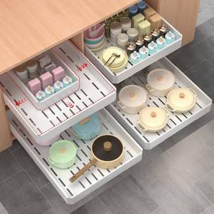 lot 15307 image: Timboniture Pull out Cabinet Organizer 2 Pack,Adjustable Width (14-19) and Depth (17-24),No Drill Slide out Drawers for Kitchen,Pantry,Adhesive Roll out Shelves,for Cabinets Without Lip,White