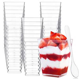 lot 15308 image: Zezzxu 100 Pack 5 oz Plastic Dessert Cups with Spoons, Small Clear Square Desert Cake Shooters Trifle Cups for Parfait, Puddings, Pastry, Mousse and Appetizers