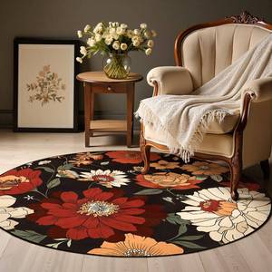 lot 15310 image: jinchan Lora Black Round Rug Vintage Floral 6ft Area Rugs for Bedroom - Washable Rug Soft Non-Slip Indoor Boho Flower Print Circle 6 Round Accent Carpet for Living Room Dining Room Home Office