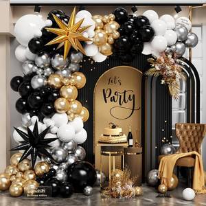 lot 16379 image: Black White Gold and Silver Balloons Arch Kit, 148PCS Graduation Balloon Arch Garland Kit With Black and Gold Star Foil Balloons for Anniversary Birthday Graduations New Year Party Decorations