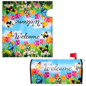 lot 16388 image: PEUTIER Flowers Mailbox Cover, 21x19 Inch Standard Size Spring Summer Floral Mailbox Cover Butterfly Tulip Magnetic Mailbox Wrap Post Letter Box Wrap for Yard Garden Home Decoration