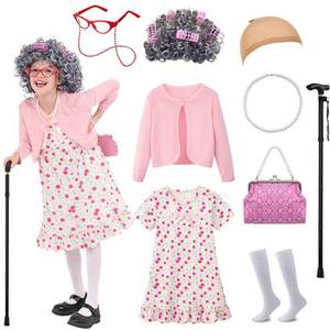 lot 16393 image: Watlie 100 Days of School Costume for Girls, Old Lady Costume for Kids, Granny Grandma Dress Up