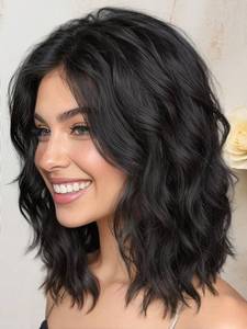 lot 16404 image: AISI HAIR 14 Inch Natural Black Wigs for Women - Shoulder Length Wave Wig with Pre-Cut Lace Hairline, Middle Part Natural Wavy Bob Synthetic Heat Resistant Fiber for Daily and Party