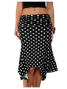 lot 16415 image: Milumia Womens Y2k Polka Dots Ruched Ruffle Skirt Low Waist Asymmetrical Bodycon Midi Skirts Black and White Small