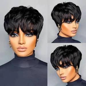 lot 16416 image: Tgezer Short Pixie Cut Wigs for Black Women Glueless Pixie Cut wig Human Hair Short Layered Brazilian Virgin Human Hair Wig for Women Color 1B# Full Machine Made