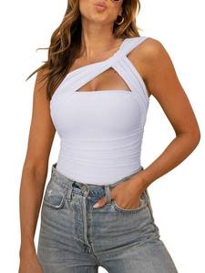 lot 16421 image: REORIA Womens Sexy One Shoulder Asymmetrical Tank Top Leopard Print Mesh Ruched Sleeveless Backless Trendy Going Out Thong Bodysuits Tops White Small