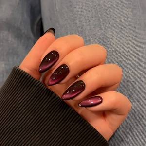 lot 16444 image: KQueenest Black Pink Cat Eye Press on Nail Almond, 30 Pcs 15 Sizes Shiny Sparkle Fake Nails Press on Medium Stiletto, Custom Thick Quality, Reusable Cute Glue on Nail for Women Summer Party