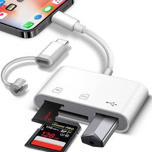 lot 16451 image: SD Card Reader for iPhoneAndroid, HCYEBT Memory Card Reader Supports SDMicroSD Card and USB Devices, Built-in iOS & USB-C Dual Connectors Card Adapter, No App Required Plug and Play