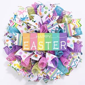 lot 17229 image: Waipfaru Easter Wreaths for Front Door, 18 Inch Handmade Mesh Bow Spring Wreaths with Wooden ��Happy Easter�� Sign, for Indoor Outdoor Home Farmhouse Table Mantel Window Wall Decor