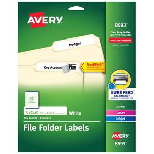lot 18097 image: Avery File Folder Labels with TrueBlock Technology, Permanent Adhesive, 23 x 3-716, LaserInkjet, 150 Labels (08593)