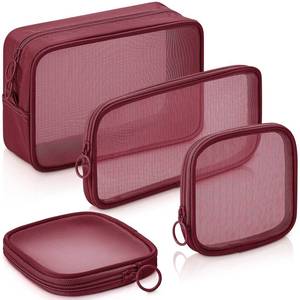 lot 18122 image: Weewooday 4 Pcs Mesh Makeup Bag Mesh Cosmetic Bag Travel Toiletry Pouch with Zipper Mini Makeup Cosmetic Purse for Daily Accessory(Small, Large, Medium,Wine Red)