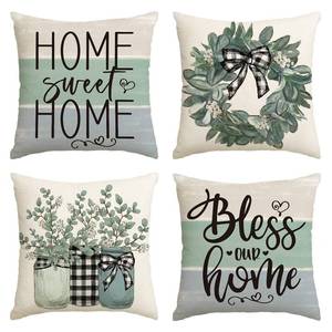 lot 18138 image: AVOIN Colorlife Home Sweet Home Eucalyptus Lamb Ear Wreath Throw Pillow Covers, 16 x 16 Inch Bless Our Buffalo Plaid Cushion Case for Sofa Couch Set of 4