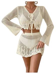 lot 18156 image: (Not as seen in picture)Milumia Womens 2 Piece Bikini Cover Up Set Crochet Tie Front Crop Top Beach Skirt Apricot X-Large