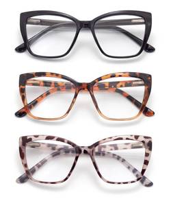 lot 18172 image: FoxMook 3-Pack Reading Glasses for Women, Oprah Style Frame Spring Hinge Readers Blue Light Blocking Glasses, C1_Black C7_Brown-Tortoise C8_Gray-Tortoise 1.0 x