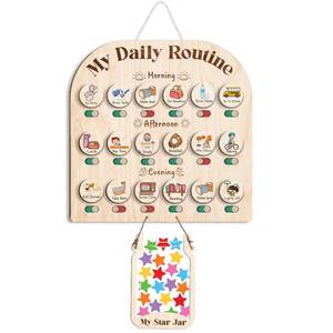 lot 19225 image: Wooden Daily Routine Chart with 30 Tokens Reward Jar, Toddler Reward System, Morning Bedtime Routine Chart, Toddler Charts for Behavior and Routines, Wooden Chore Chart for Kids