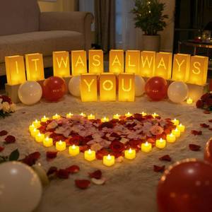 lot 19257 image: Valentines Day Decorations - It was Always You Light Up Letters Luminary Bags, Romantic Decorations Special Night with Bright LED Candles and Fake Rose Petals, Engagement Party & Proposal Decor kit