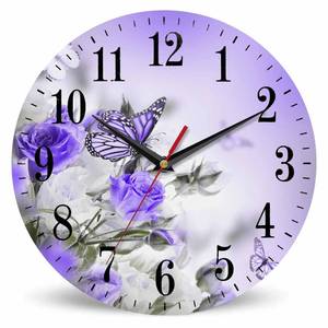 lot 19266 image: Mxocom Butterfly Floral Wall Clock Bouquet of White and Purple Roses 10 Inch Silent Non Ticking Battery Operated Clock Vintage Round Clock for Living Room Bedroom Bathroom Office Decor