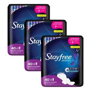 lot 20377 image: Stayfree Ultra Thin Overnight Pads with Wings, For Women, Reliable Protection and Absorbency of Feminine Moisture, Leaks and Periods, 40 count