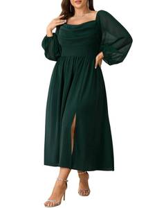 lot 20407 image: SHESTARR Womens Plus Size Dress Chiffon Long Sleeve Cowl Neck Wedding Guest Cocktail Party Maxi Dress Emerald Green