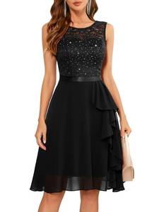 lot 20440 image: BeryLove Homecoming Sequin Cocktail Bridesmaid Wedding Guest Sparkly Glitter Dress Lace Chiffon Formal Party Prom Evening Short Ruffle Dresses 52XP Black 2XL
