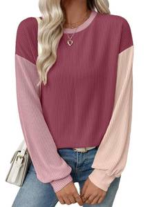 lot 20456 image: EVALESS Womens Tops Fall Fashion 2026 Color Block Long Sleeve Crewneck Knitted Shirts Loose Fit Winter Casual Tshirts Lightweight Cute Sweatshirt Tee Teacher Outfits Pink Small