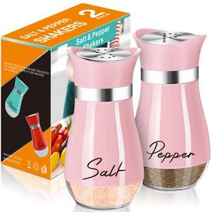 lot 20472 image: Salt and Pepper Shakers Set,4 oz Glass Bottom Salt Pepper Shaker with Stainless Steel Lid for Kitchen Cooking Table, RV, Camp,BBQ Refillable Design (Pink)