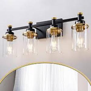 lot 17313 image: Lilokue Black and Gold 4light Fixture with clear glass shades