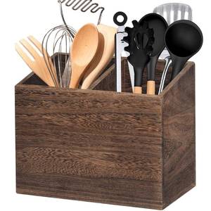 lot 1283 image: Wooden Kitchen Utensil Caddy With 2 Compartments, Rustic Utensil Holder for Kitchen Countertop, Wood Utensil Crock Organizer Box for Farmhouse Kitchen Decor (brown)