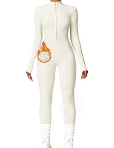 lot 2220 image: AEEZO Womens Fleece Lined Workout Jumpsuits Zip Up Thermal Yoga Rompers Sexy One Piece Bodycon Pants L