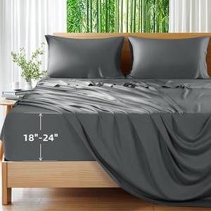 lot 2229 image: Shilucheng 100percent Viscose Derived from Bamboo_Sheets, Extra Deep Pocket Sheets Fits 18-24in Thick Mattress, Cooling and Breathable Bed Sheets 4Pcs, Hotel Silky Bedding Set (Queen,Dark Grey)in