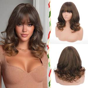 lot 2235 image: Sidaila Wig with Bangs for Women  16 Inch Layered Body Wave Synthetic Wig  Heat Resistant Yaki Fiber Natural Looking Shoulder Length Wigs  Synthetic Wig for Daily Wear - Auburn Mix Dark Brown