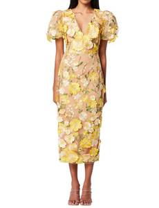 lot 2248 image: Womenfts 3D Floral Embroidery Dress Ruffle Sleeve Fishtail Lace Bodycon Party Cocktail Mini Dress(V-NeckYellow,XL)