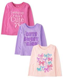 lot 2256 image: The Childrenfts Place,Baby Girls,and Toddler Assorted Everyday Long Sleeve Graphic T-Shirts,multipacks,CuteBowsSweet Kind 3-Pack,4 Years