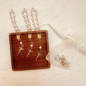 lot 2260 image: SUVO Mini Rosary Favor Set, 60 Pieces with Organza Bags, White Pearl Beads, Gold Cross for Baptism and Christening (Gold)