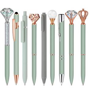 lot 2264 image: Janmini 9 Pcs Ballpoint Pens Set Metal Crystal Diamond Glitter Pens for Journaling Black Ink Pretty Cute Things Fancy Stationery Gifts for Women Girls Birthday Home Office Desk (Sage Green)