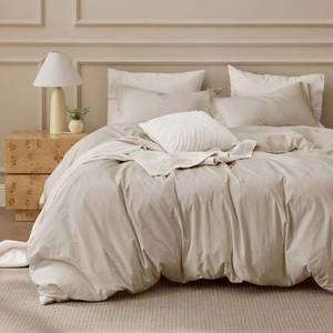 lot 3770 image: Bedsure 100percent Washed Cotton Duvet Cover Queen Size - Oatmeal Minimalist Cotton Duvet Cover Linen Like for All Seasons - GentleSoft� Plain Simple Bedding (Oatmeal, Queen, 90x90in)in