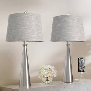 lot 3814 image: Oneach 25.75 Modern Table Lamp Set of 2, Bedside Lamps with USB Ports, Silver Nightstand Lamps Set for Living Room Bedroom House Bedside Home Office Familyin
