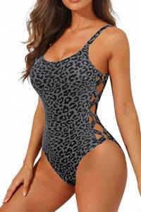 lot 4102 image: Tempt Me Women Black Leopard One Piece Swimsuit - Sexy Crisscross Bathing Suit Lace Up Slimming High Cut Swimwear XL